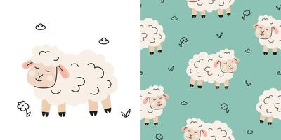 Seamless pattern with sheep and floral elements vector