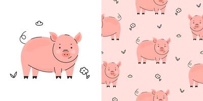 Cute pig with flower seamless pattern background vector