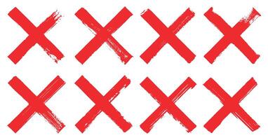 Bold red hand painted X or cross mark with textured brush strokes watercolor ink, choices mistakes error cancel incorrect. vector