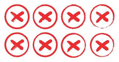 Bold hand painted red X cross mark inside a circle rough brush strokes, disapproval, choice, mistake, error, cancel incorrect symbol. vector