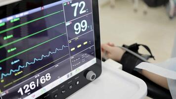 Close-up of a patient monitor displaying oxygen saturation levels, with a focus on the detailed readout. The image highlights the critical monitoring of vital signs in a clinical setting video