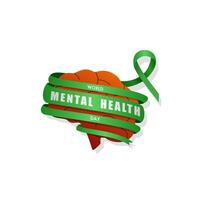 World Mental Health Day, Brain design with green ribbon twist vector