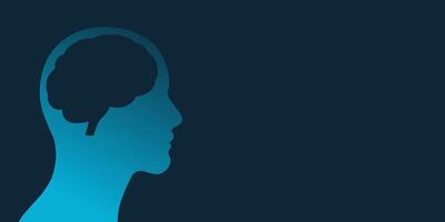 Human head silhouette with a brain, dark blue banner design vector