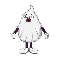 Cartoon vintage abstract halloween ghost character surprised, doesn't understand what's going on. Retro trendy comic mascot of running ghost with legs and hands in gloves vector
