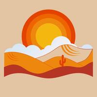 Flat illustration sahara, red sun with cactus and mountain view, orange color illustration vector