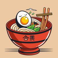 Red mug with noodle, egg and chopsticks japanesse style, flat illustration of noodle with celery leaves vector