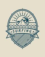 Logo mountain with coconut tree and sea for surfing logo community vector