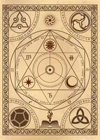 magic alchemy old parchment page with drawings and abstract symbol and writings , color background poster vector