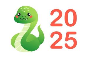 Happy Chinese New Year 2025. Year of the snake. Cartoon cute green snake in flat style isolated on white. Illustration for greeting card, sticker, background. vector