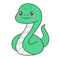 Cute cartoon green snake in doodle flat style isolated on white. Snake kawaii character. vector