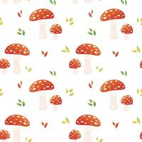 Fly agaric cartoon autumn seamless pattern. Poisonous mushrooms on white background. vector