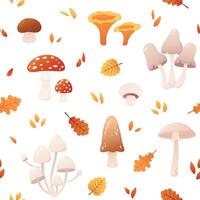 Autumn seamless pattern with cartoon mushrooms and leaves. Fly agaric, toadstool, chanterelles. Porcini and champignon. Poisonous and edible mushrooms on white background. vector