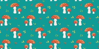 Fly agaric cartoon autumn seamless pattern. Poisonous mushrooms on turquoise background. vector