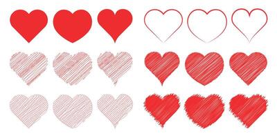 Set of Red Hearts - Flat, Outline and Scribble vector