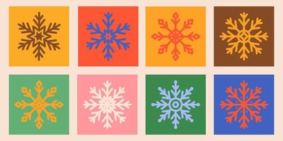 Snowflakes icons set.Frozen sign.Decorative colorful elements for Christmas and New Year holiday.Bright various snow isolated on colorful background.Winter collection. illustration EPS 10 vector