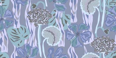 a blue and gray floral pattern with leaves and flowers vector