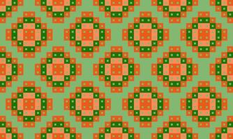 a detailed pattern composed of pixel designs with orange and green square on green pastel background , design for fabric or various pattern printing works. vector