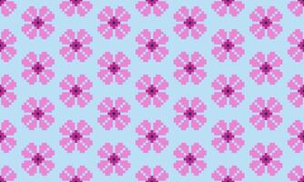 a detailed pattern composed of pixel designs with pink flowers square on light blue background , design for fabric or various pattern printing works. vector