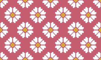 a detailed pattern composed of pixel designs with white flowers square on pink background , design for fabric or various pattern printing works. vector