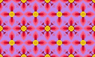 a detailed pattern composed of pixel designs with red flowers square on pink background , design for fabric or various pattern printing works. vector