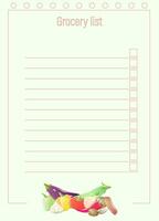 Grocery list. Food Diary planner printable template . Easily plan out of your weekly meals for breakfast, lunch, dinner and snacks. Cute pattern for print with lines and window for mark vector