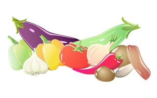 Set of Vegetables. Composition with vegetables isolated on white. Tomato, Onion and potato. Pumpkin, Bell Pepper and Eggplant. Simple Illustration vector