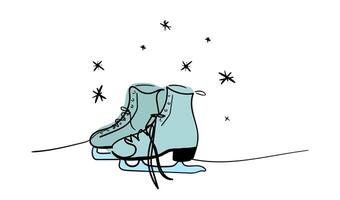 Continuous one line of pair of figure ice skates hanging in silhouette on white background. Winter illustration vector