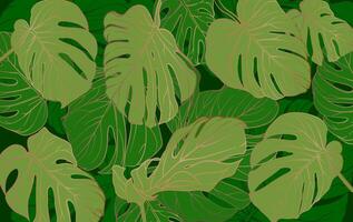 Bright tropical background with rich green monstera leaves on a dark green background with thin golden contours, voluminous and sophisticated. Design for projects in the style of nature and exotica. vector