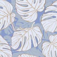 seamless pattern with monstera leaves with golden outlines on a delicate blue background. stylish and elegant pattern with large white leaves, golden outlines of monstera on a blue background. vector