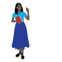 Full length dark skinned girl with book in one hand, index finger of other hand raised up, isolate on white, flat style, avatar vector