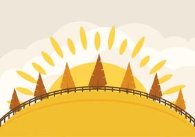 Autumn landscape in simple style background. Yellow and brown trees on hill flat illustration vector