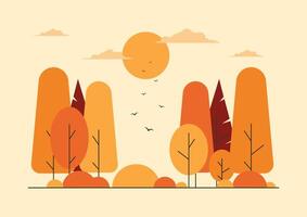 Nature landscape in simple style background. Autumn trees, forest and flying birds. Simple style design vector
