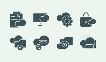 Cloud file management and service presentation solid icon illustration set design vector