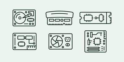 Computer hardware internal parts line illustration icon set design vector