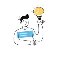 Idea bulb man, work solution, genius illustration. Doodle outline character work creative idea, innovation solution. Young man person with bulb, creative idea concept. Isolated vector