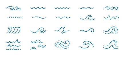 Wave sea line doodle icon set. Hand drawn sketch water wave outline. Simple curve, scribble aqua flow. Isolated vector