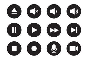 Audio, , music player button icon. Sound control, play, pause button solid icon set. Camera, media control, microphone interface pictogram. vector