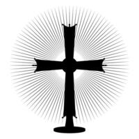 Ancient Christian cross silhouette with sun rays icon symbol vector