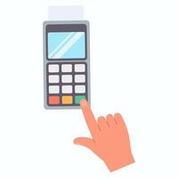 Hand pressing button. Bank terminal. Contactless payment. illustration in flat style. vector