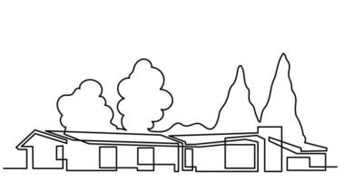 continuous line drawing of big rural house with large trees as real estate home property concept vector