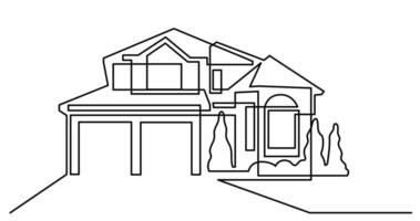 continuous line drawing of nice suburban house with two car garage as real estate home property concept vector