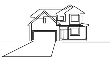 continuous line drawing of large suburban house with driveway as real estate home property concept vector
