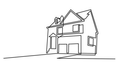 continuous line drawing of big suburban house with two car garage as real estate home property concept vector