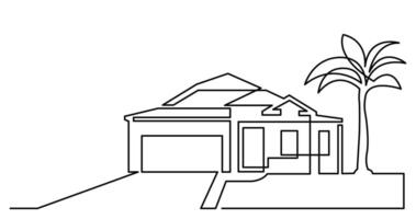 continuous line drawing of suburban house with garage and palm tree as real estate home property concept vector