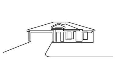continuous line drawing of suburban ranch house with two car garage as real estate home property concept vector