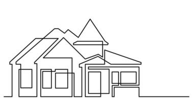 continuous line drawing of big suburban house with tower and font porch as real estate home property concept vector