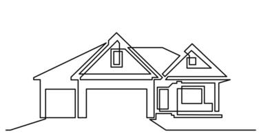 continuous line drawing of big suburban house with driveway as real estate home property concept vector