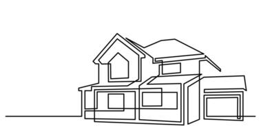 continuous line drawing of suburban house with one car garage as real estate home property concept vector