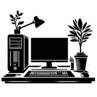 Computer desk with lamp and plant vector