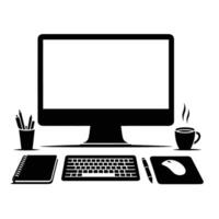 Computer desk with keyboard, mouse and cup of coffee vector
